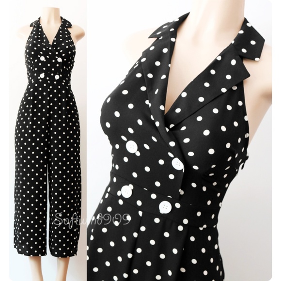 Last☝️Polka Dot Retro Halter Crop Culotte Jumpsuit - Picture 2 of 8